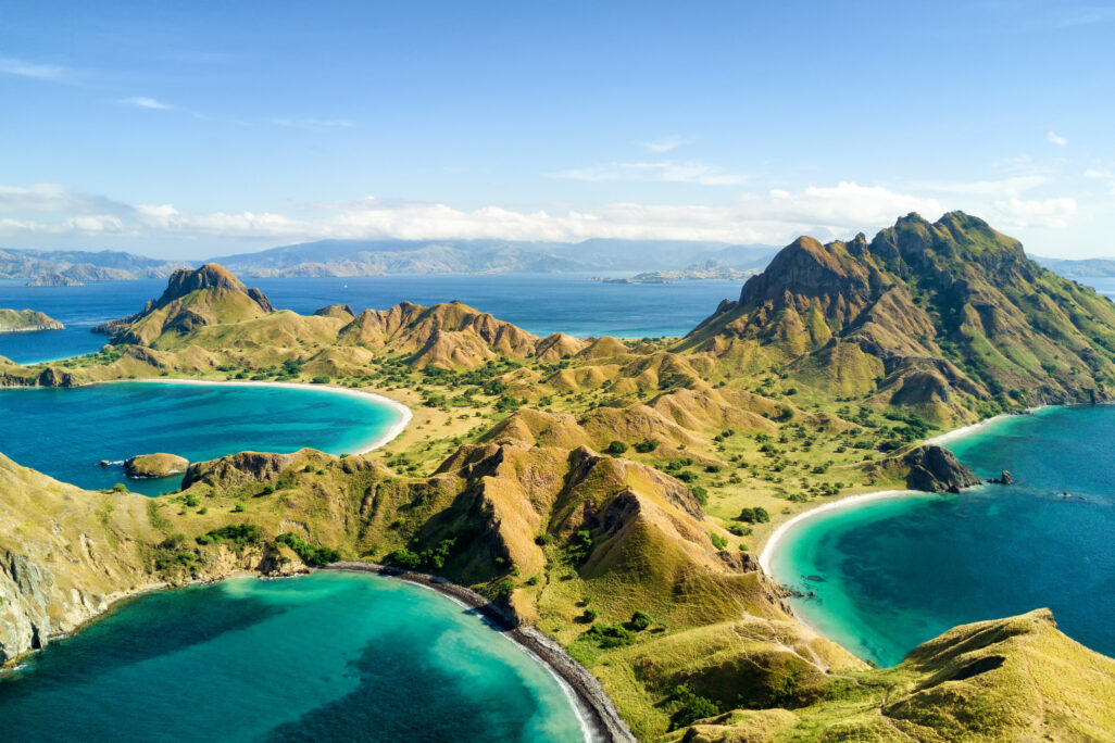 Aerial view of Pulau Padar island in between Komodo and Rinca Islands near Labuan Bajo in Indonesia.